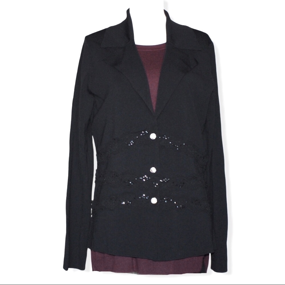 BCBGMaxAzria Black Lace-Belt Bedazzled Cardigan